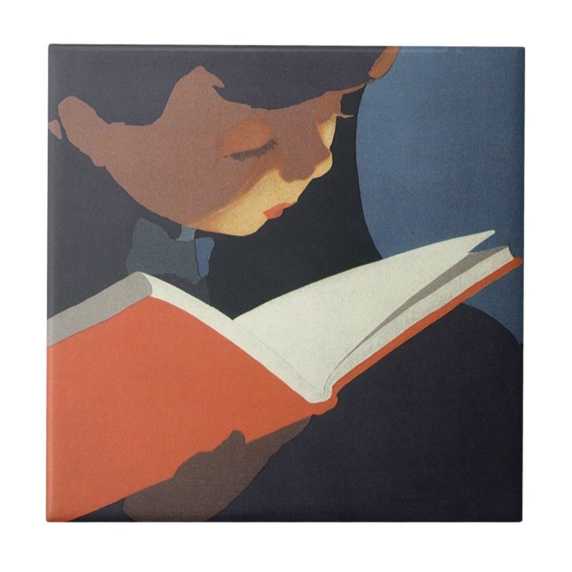 Azulejo Niño de la época leyendo un libro de la biblioteca (Frente)