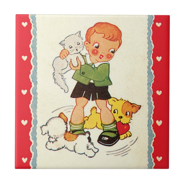 Azulejo Niño de la época sostiene un gatito con cachorros  (Frente)