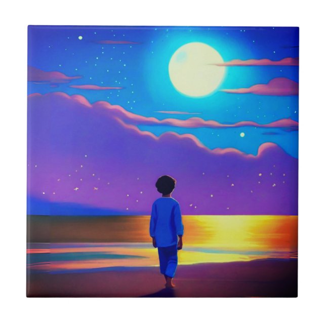 Azulejo Niño en la playa, mirando a la luna (Frente)