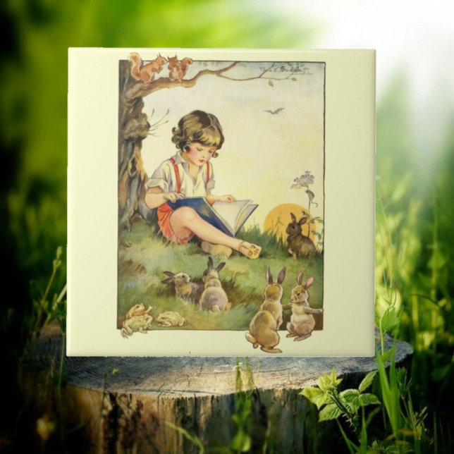 Azulejo Niño leyendo bajo el árbol con conejos (Subido por el creador)