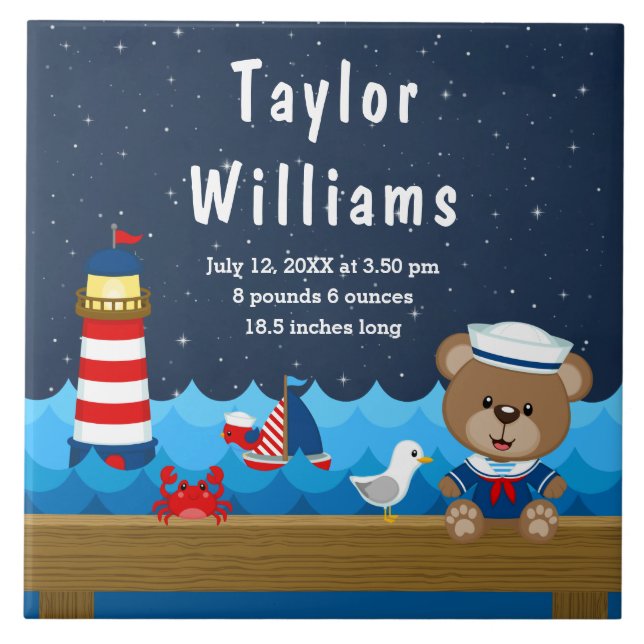 Azulejo Niño Náutico Con Estadísticas De Nacimiento De La  (Frente)