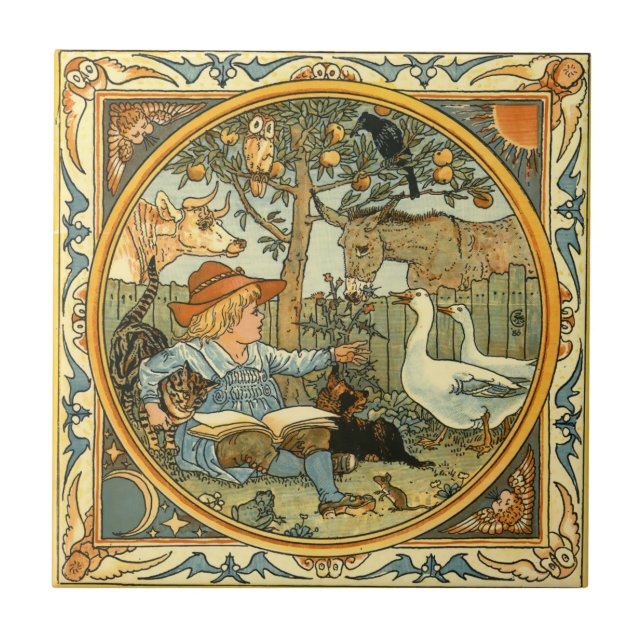 Azulejo Niño y animales de época, por Walter Crane (Frente)