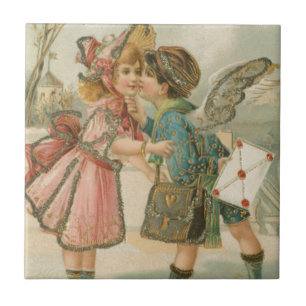 Azulejo Niño y Chica cupido en San Valentín rosa
