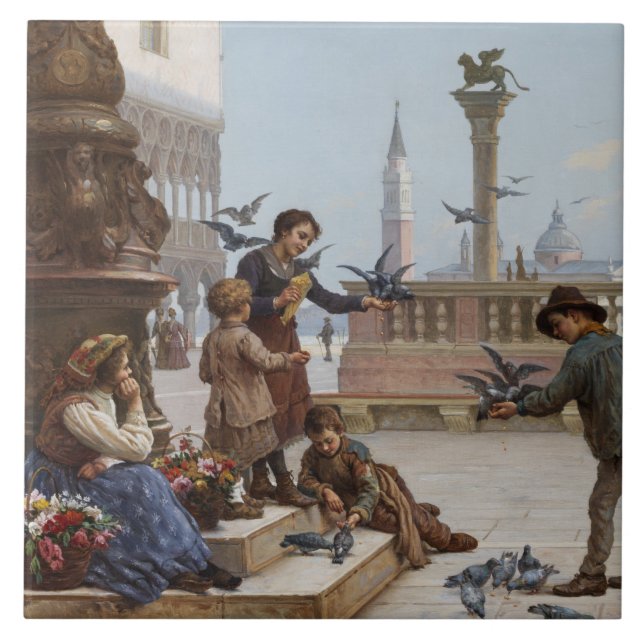 Azulejo Niños alimentando palomas en Venecia (por Paoletti (Frente)