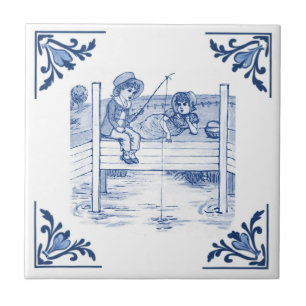 Azulejo Niños de la época de la pesca Delft Blue & White