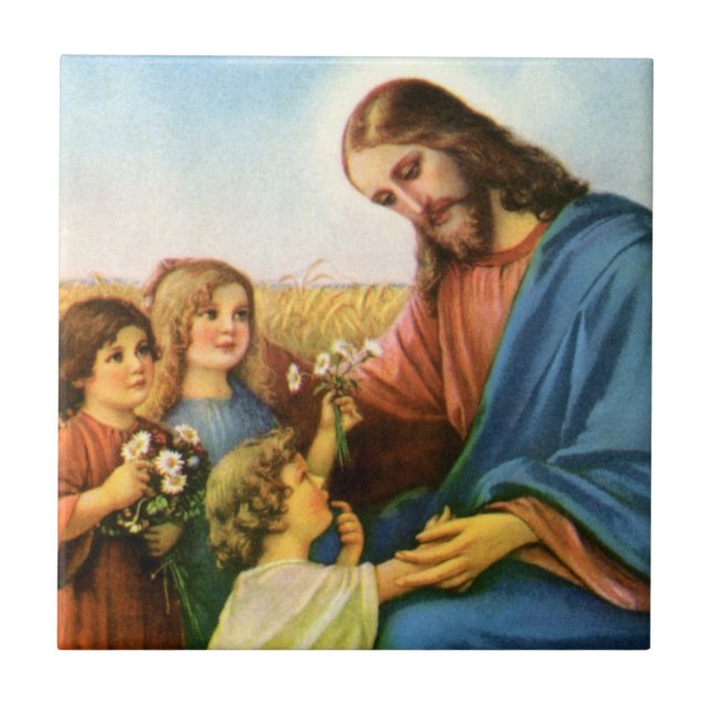 Azulejo Niños de la época llevan flores a Jesucristo (Frente)