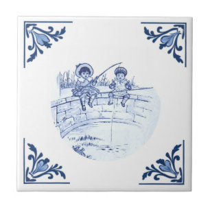 Azulejo Niños de la época que pescan en Puente Delft Blue 