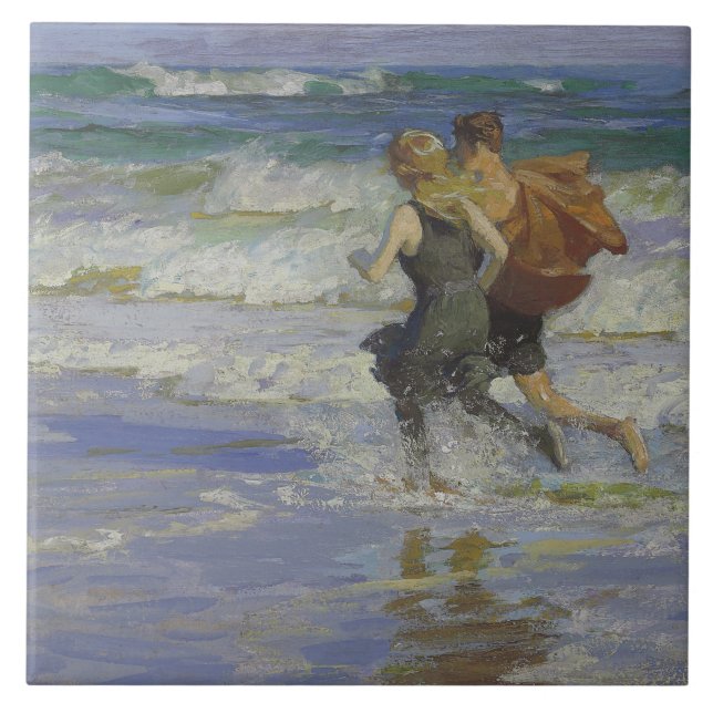Azulejo Niños en la playa (por Edward Henry Potthast) (Frente)