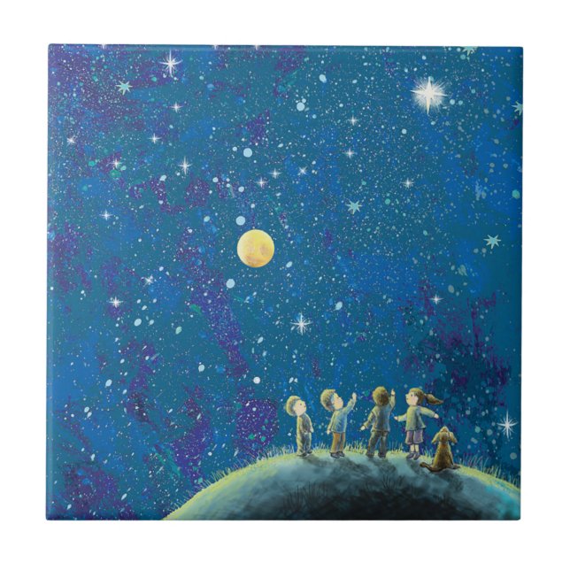 Azulejo Niños Mirando El Cielo Nocturno (Frente)
