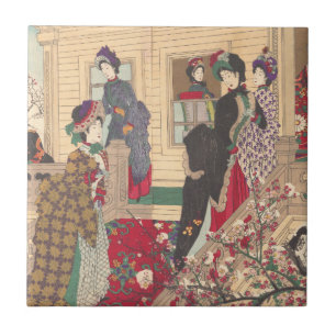 Azulejo Niños que juegan en la nieve debajo de árboles d