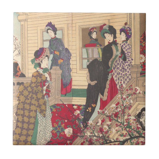 Azulejo Niños que juegan en la nieve debajo de árboles de (Frente)