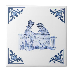 Azulejo Niños sentados en la valla Delft Corner Blue and W