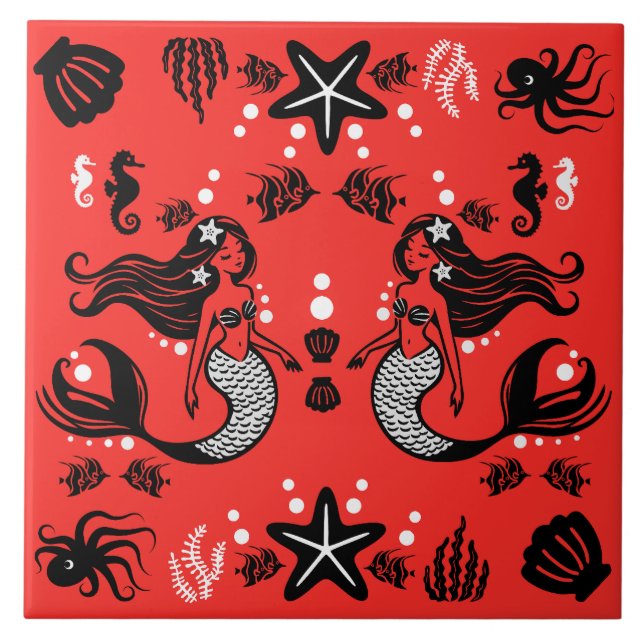 Azulejo Niños Sirena Rojo Rosa (Frente)