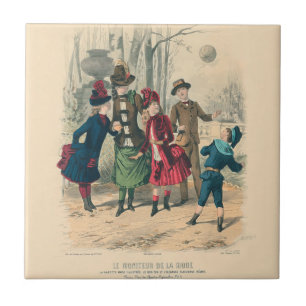 Azulejo Niños Victorianos Antiguos Juegan con Pelota 1880