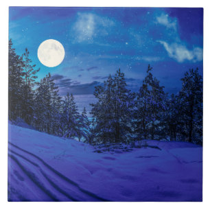 Azulejo Noche estrellada con luna llena en el bosque