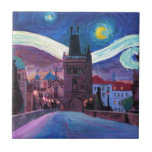 Azulejo Noche estrellada en Praga con Carlsbridge<br><div class="desc">Pintura de acrílico de la noche estrellada en Praga en Carlsbridge</div>