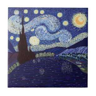 Azulejo Noche estrellada y lago estilo Vincent Van Gogh