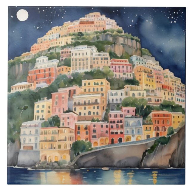 Azulejo Noche Positano, Italia, acuarela de la costa itali (Frente)