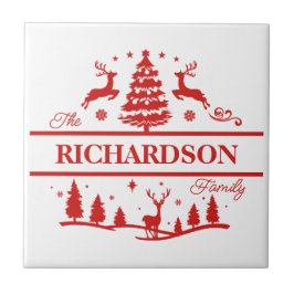 Azulejo Nombre de familia personalizada de Navidades rojos