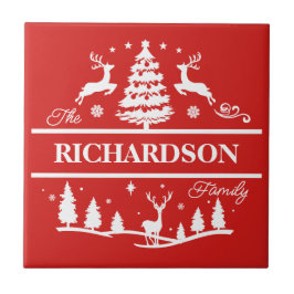 Azulejo Nombre de familia personalizada de Navidades rojos