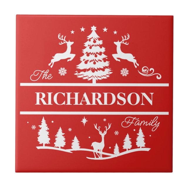 Azulejo Nombre de familia personalizada de Navidades rojos (Frente)
