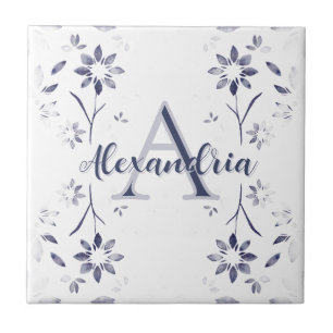 Azulejo Nombre de monograma personalizado floral azul
