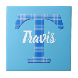 Azulejo Nombre de niño personalizado con letra T a cuadros