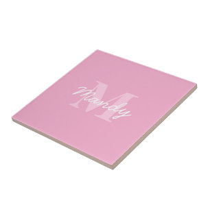 Azulejo Nombre en cursiva lindo y monograma Rosa