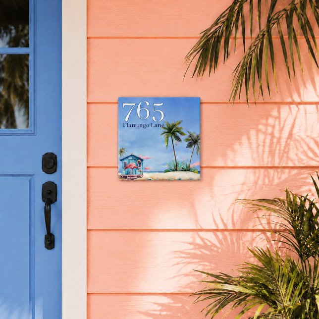 Azulejo Nombre Número Calle Casa Playa Costera (custom beach house number and street name ceramic tile displayed at tropical cottage door)