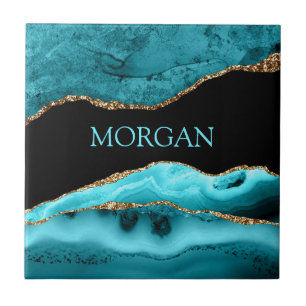 Azulejo Nombre personalizado, ágata negra, dorada y verde
