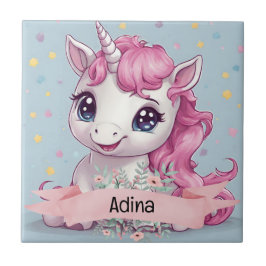 Azulejo Nombre personalizado de Unicornio, bebé rosa mágic