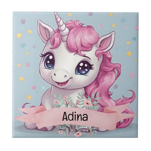 Azulejo Nombre personalizado de Unicornio, bebé rosa mágic (Frente)