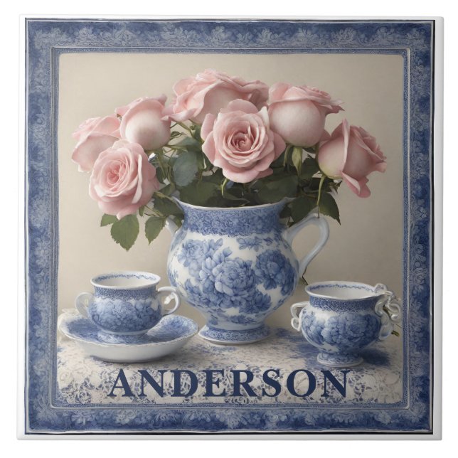 Azulejo Nombre Personalizado Delft Blue Flowers Vase (Frente)