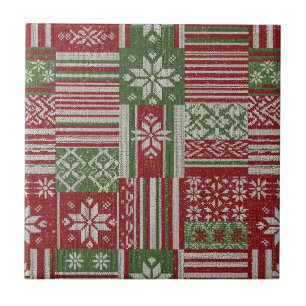 Azulejo Nordic Fair Isle Navidad Rojo Verde Tejido