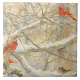 Azulejo Northern Cardinals on a Snowy Branch