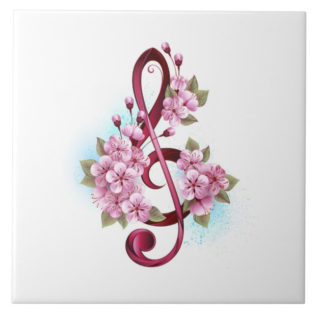 Azulejo Notas de clave de sol musical con flores de Sakura (Frente)