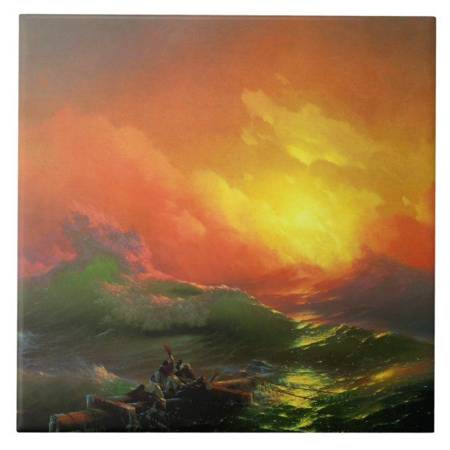 Azulejo Novena Ola (mar de tormenta con atardecer rojo) (Frente)