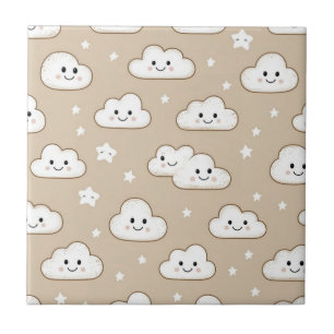 Azulejo Nubes y estrellas sonrientes Kawaii sobre beige