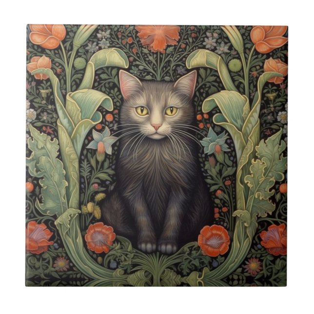 Azulejo Nuevo arte gato negro y flores rojas (Frente)