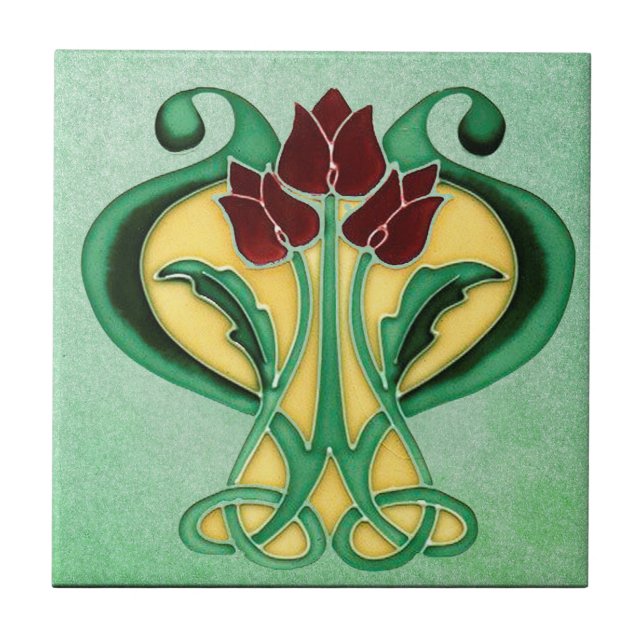 Azulejo Nuevo y bello Art Nouveau, floral verde (Frente)