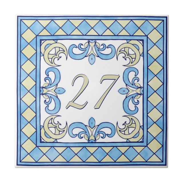 Azulejo Número de casa grande azul y amarillo (Frente)