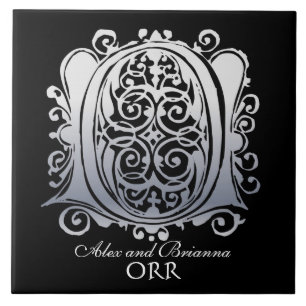 Azulejo O Monograma "Lace plateado sobre negro" con el nom