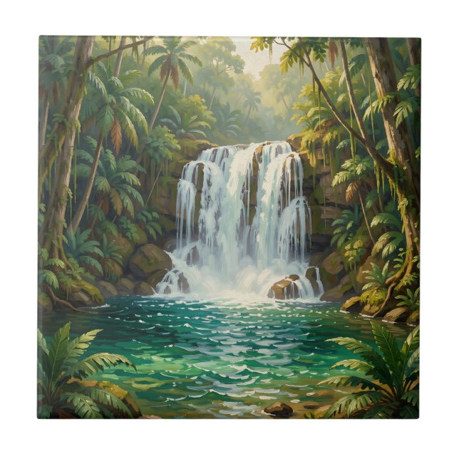 Azulejo Oasis de exuberante cascada tropical (Frente)