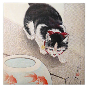 Azulejo Obra de arte Cuenco de gato y pez dorado,
