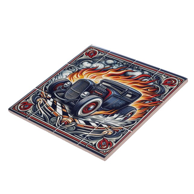 Azulejo Obra de arte de coches de época con fuertes llamas (Lado)