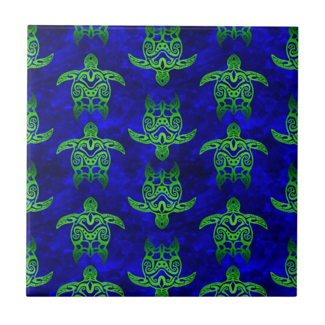 Azulejo Ocean Blue Tribal Green Sea Turtles (Frente)