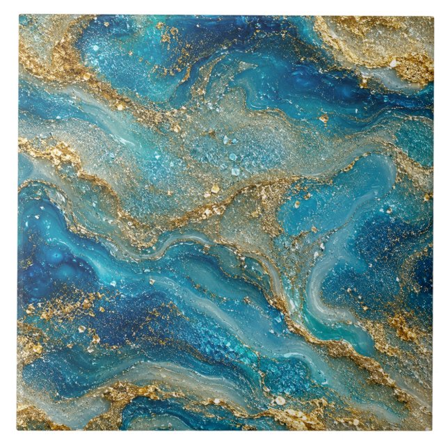 Azulejo Ocean Gold Flow – Azul Turquesa Abstracto (Frente)