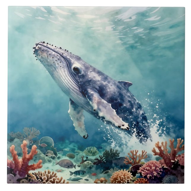 Azulejo Oceanic Blue Whale Watercolor Coastal Art (Frente)