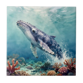 Azulejo Oceanic Blue Whale Watercolor Coastal Art
