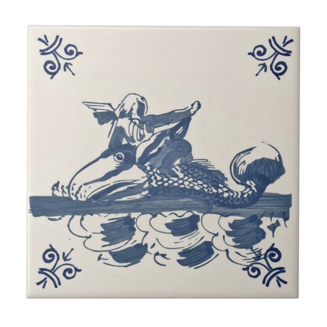 Azulejo Océano de pescado Ángel Delft Azul Repro (Frente)